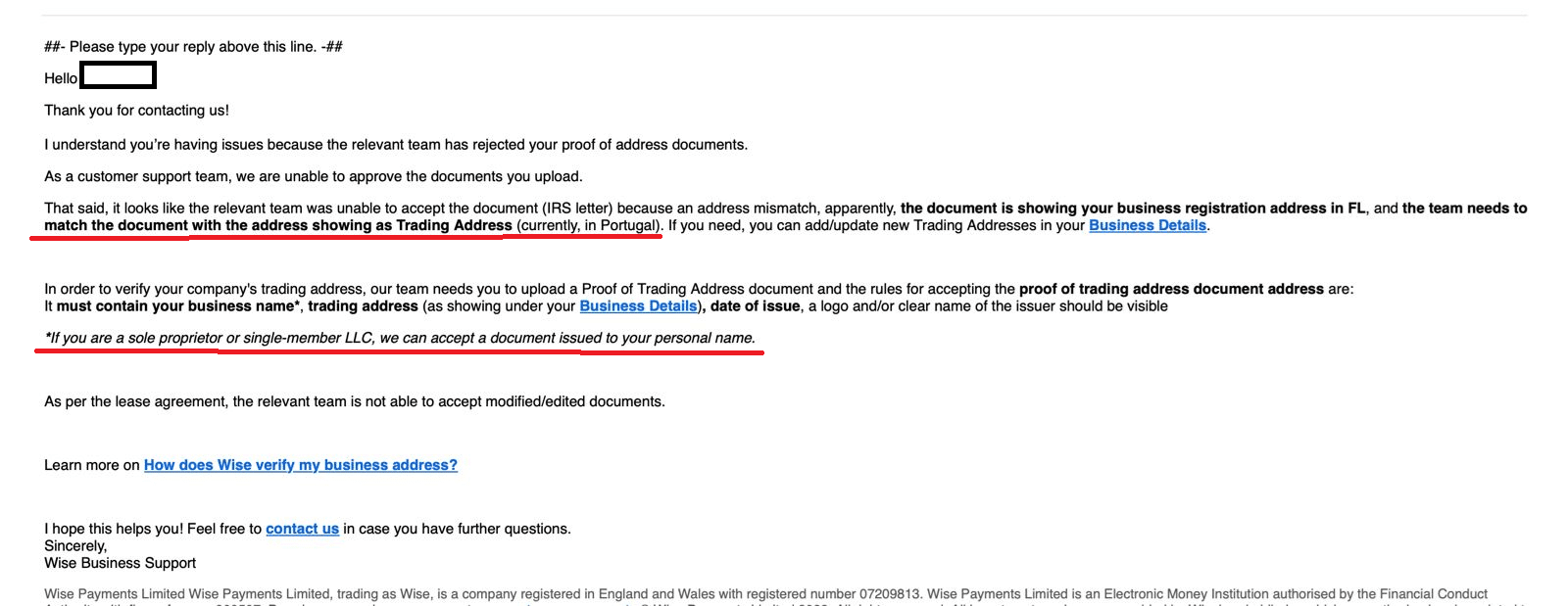 Email from Wise regarding LLC proof of address for the trading address